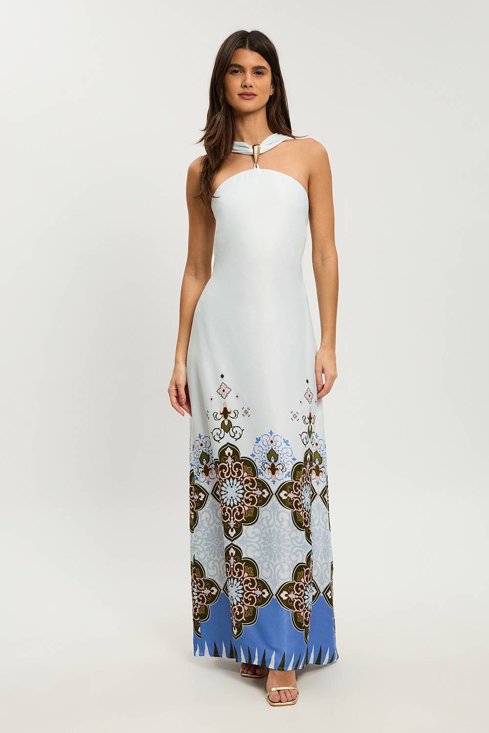 KarenMillen Robe Longue Dos Nu En Satin Viscose Imprimé Carreaux Petite