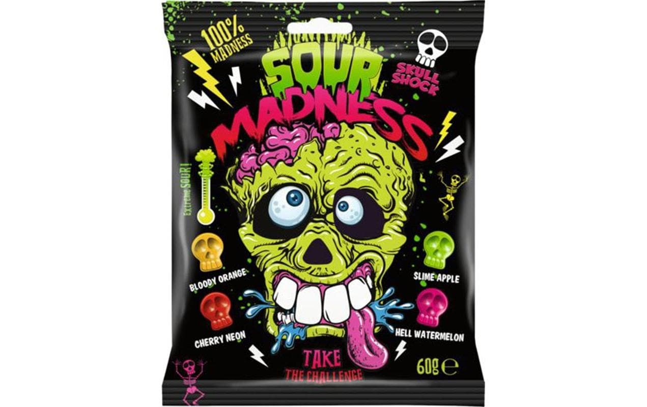 Gummibonbons Sour Madness 60 gSaure Halloween-Fruchtgummis in Totenkopf-Form