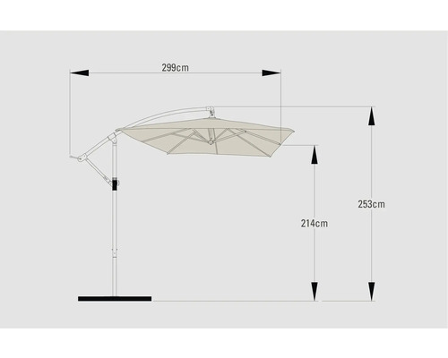 Soluna Lyon zweefparasol, 250 x 250 cm, hoogte 270 cm, ecru, inclusief kruisvoet.