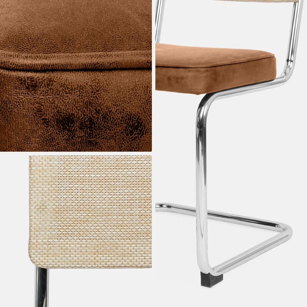 2 chaises cantilever - maja - tissu marron clair et résine effet rotin. 46 x 54.5 x 84.5cm