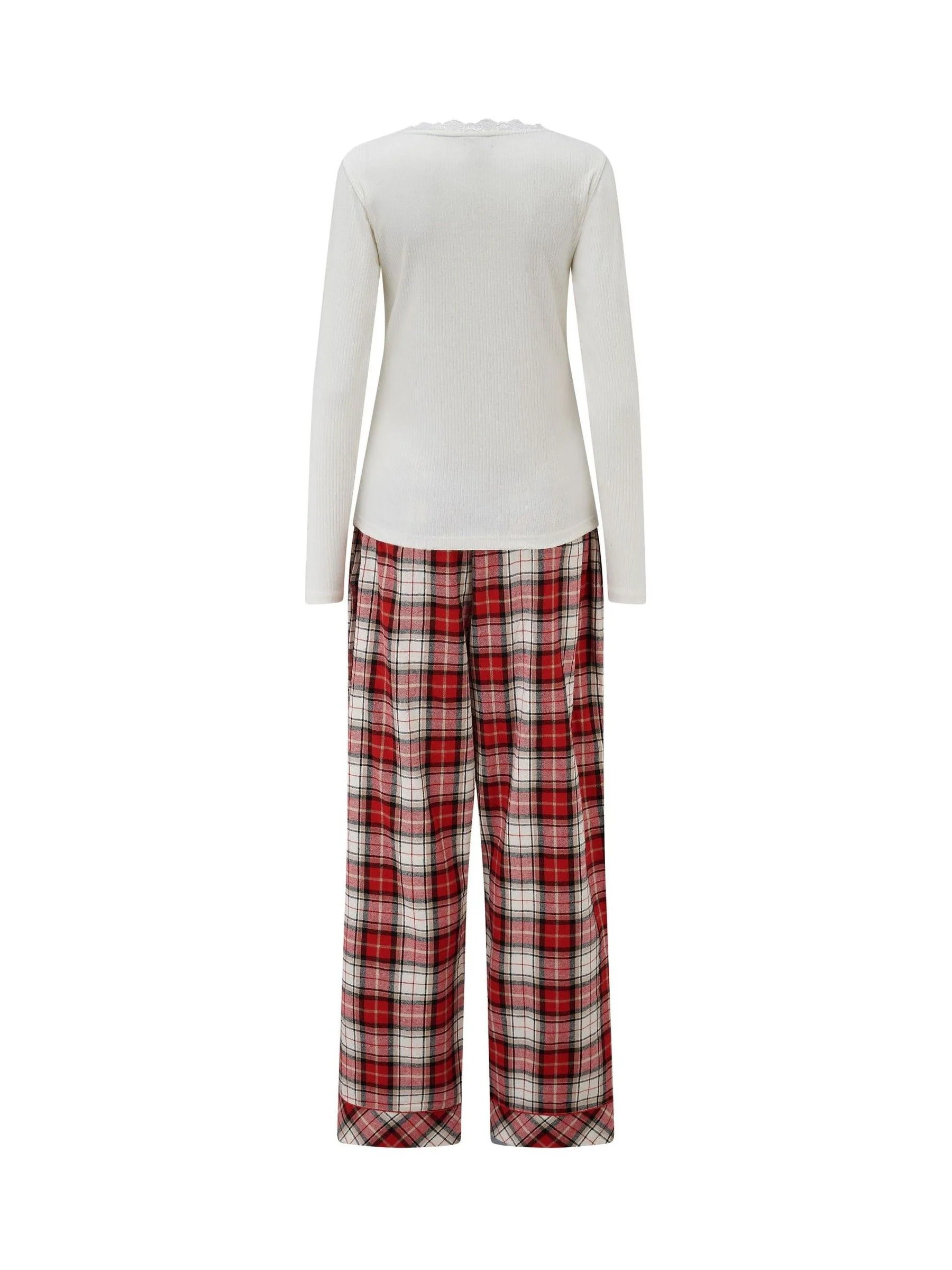 Pour Moi Rib Jersey Lace Trim Henley Top and Check Trousers Pyjamas Set