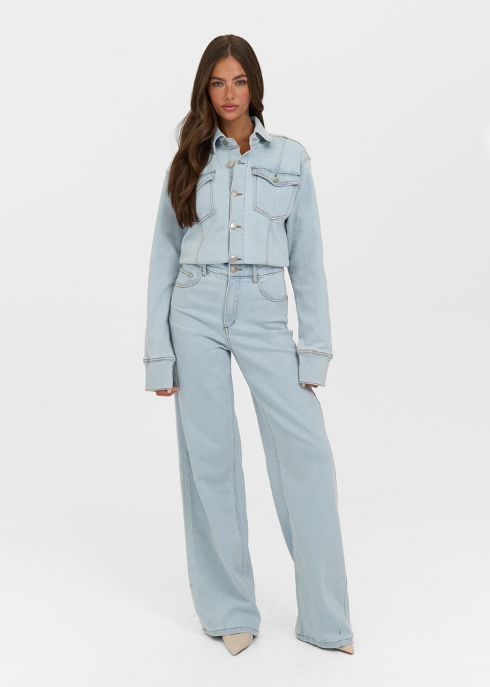 Denim stretch jumpsuit sky blauw