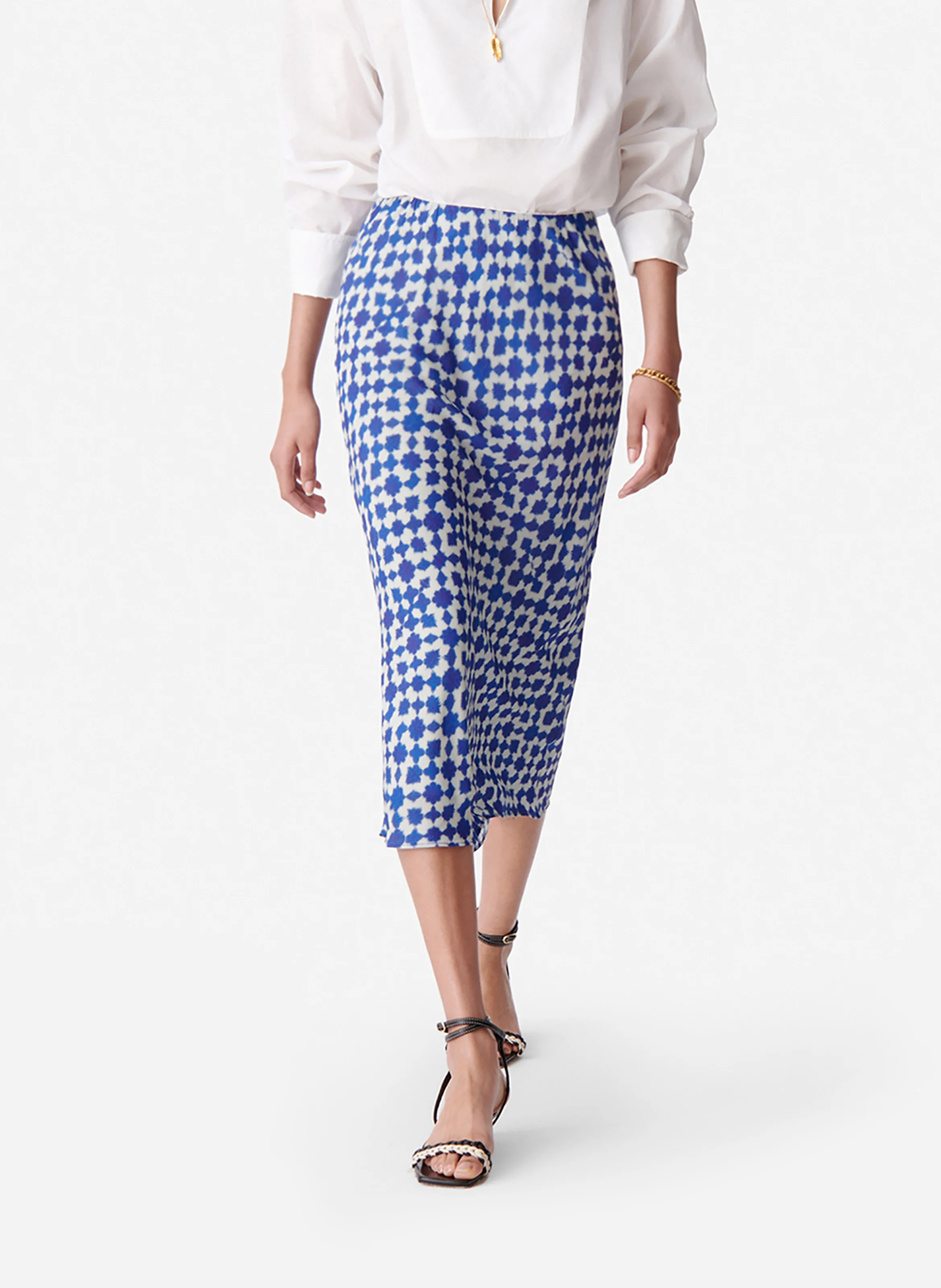 CORAIL - Jupe midi taille haute imprimée | Bleu