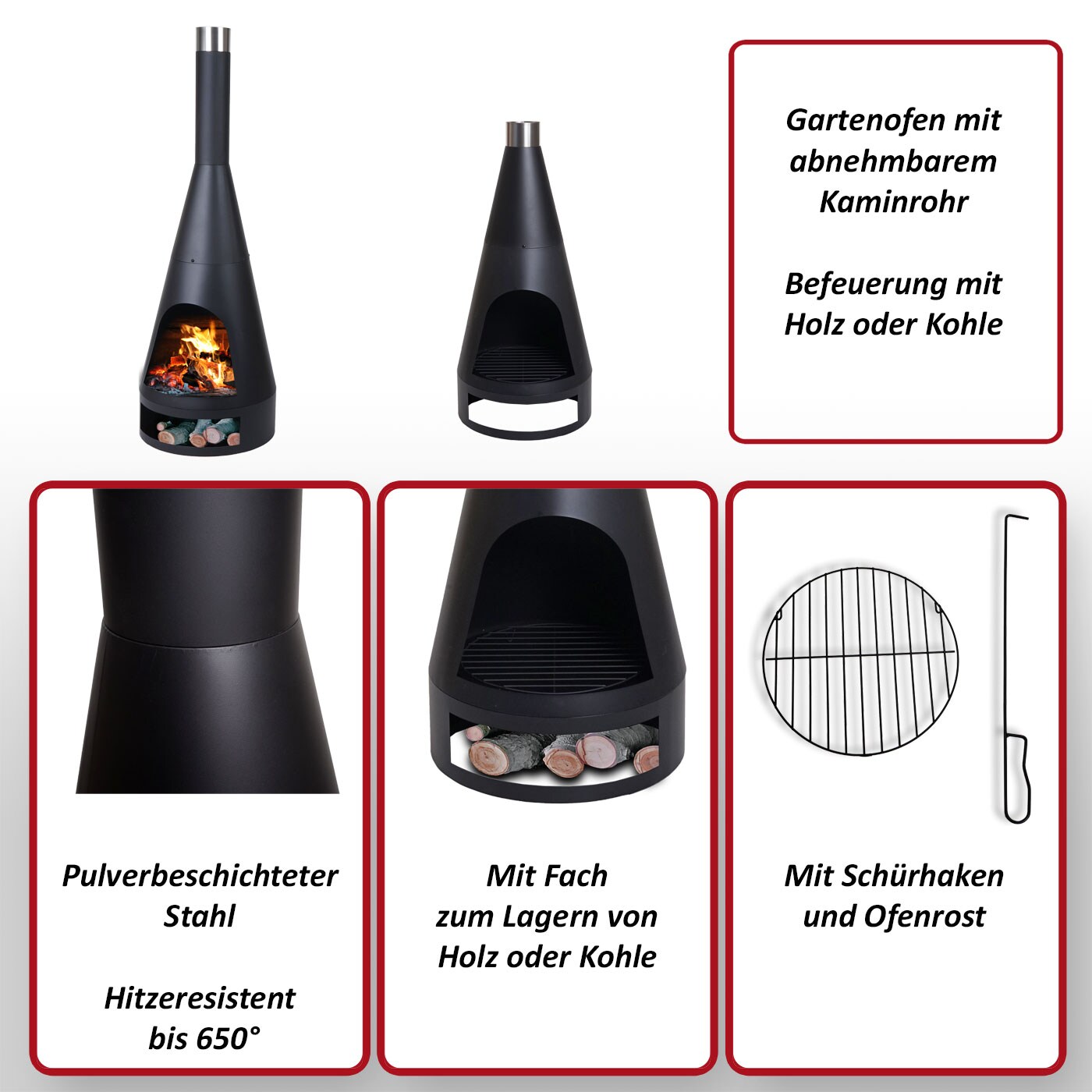Gartenofen MCW-K90, Gartenkamin Terrassenkamin Terrassenofen, Schürhaken Feuerstelle ~ 120x43cm schwarz