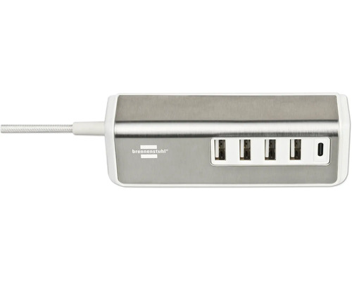 Brennenstuhl estilo multi-poort USB-lader, USB-laadstation, 4x USB-A, 1x USB-C, roestvrijstalen oppervlak, 1,5 m textielkabel