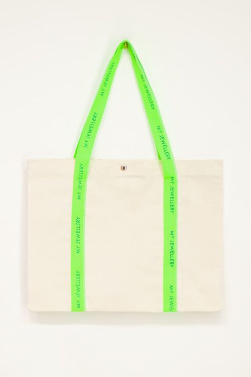 Beige canvas shopper met neon groen hengsel