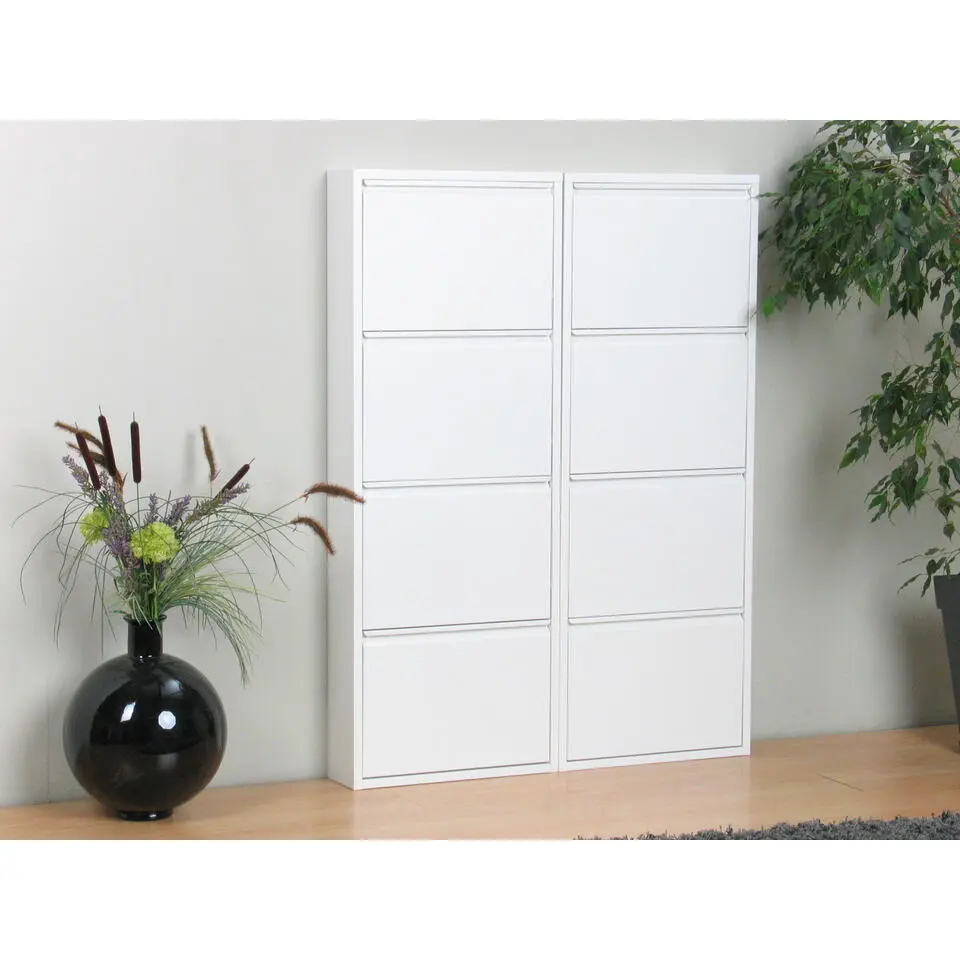 Hioshop Pisa schoenenkast wit metaal met 4 vakken - set van 2