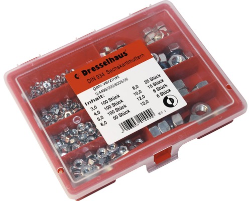 Moerenassortiment DIN 934, verzinkt, 402 stuks