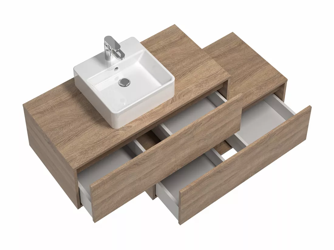Meuble de salle de bain suspendu naturel clair avec simple vasque carrée et deux tiroirs - 94 cm - TEANA II