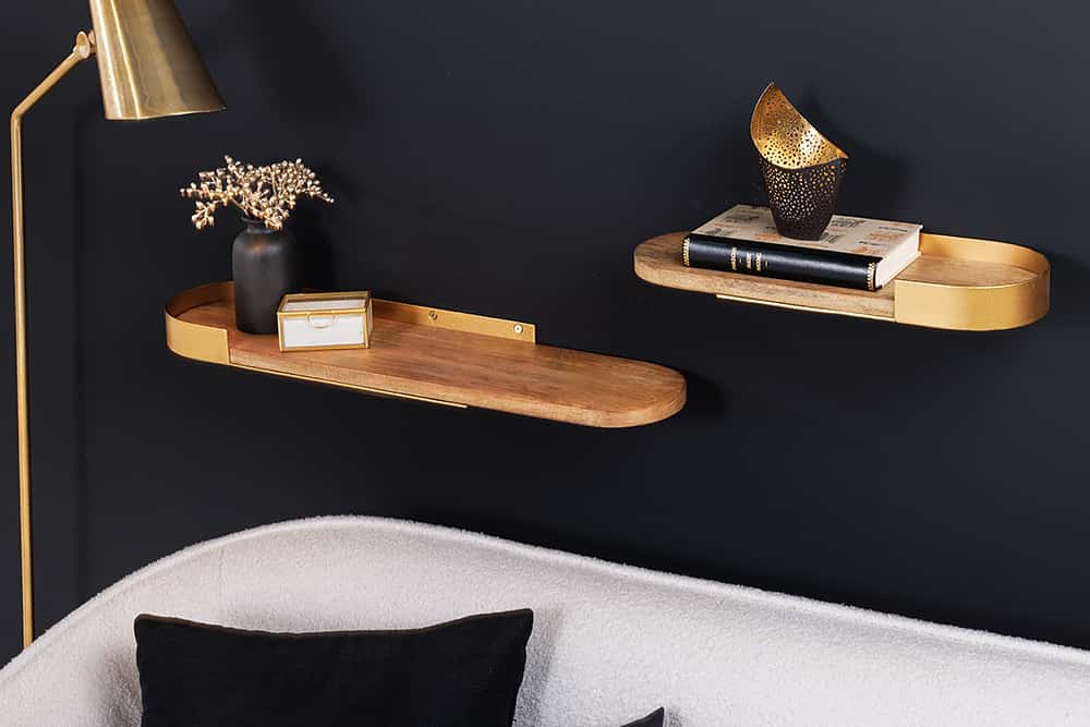 Modernes 2er Set Wandregal PURE NATURE 60cm gold Mangoholz massiv Metall handmade