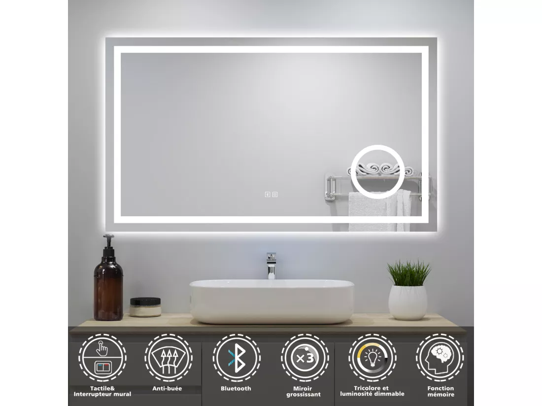 Miroir Lumineux avec Bluetooth 100 x 60cm, 3 Couleurs + Dimmable + Anti-buée + grossissant 3x，Mural Miroir Salle de Bain