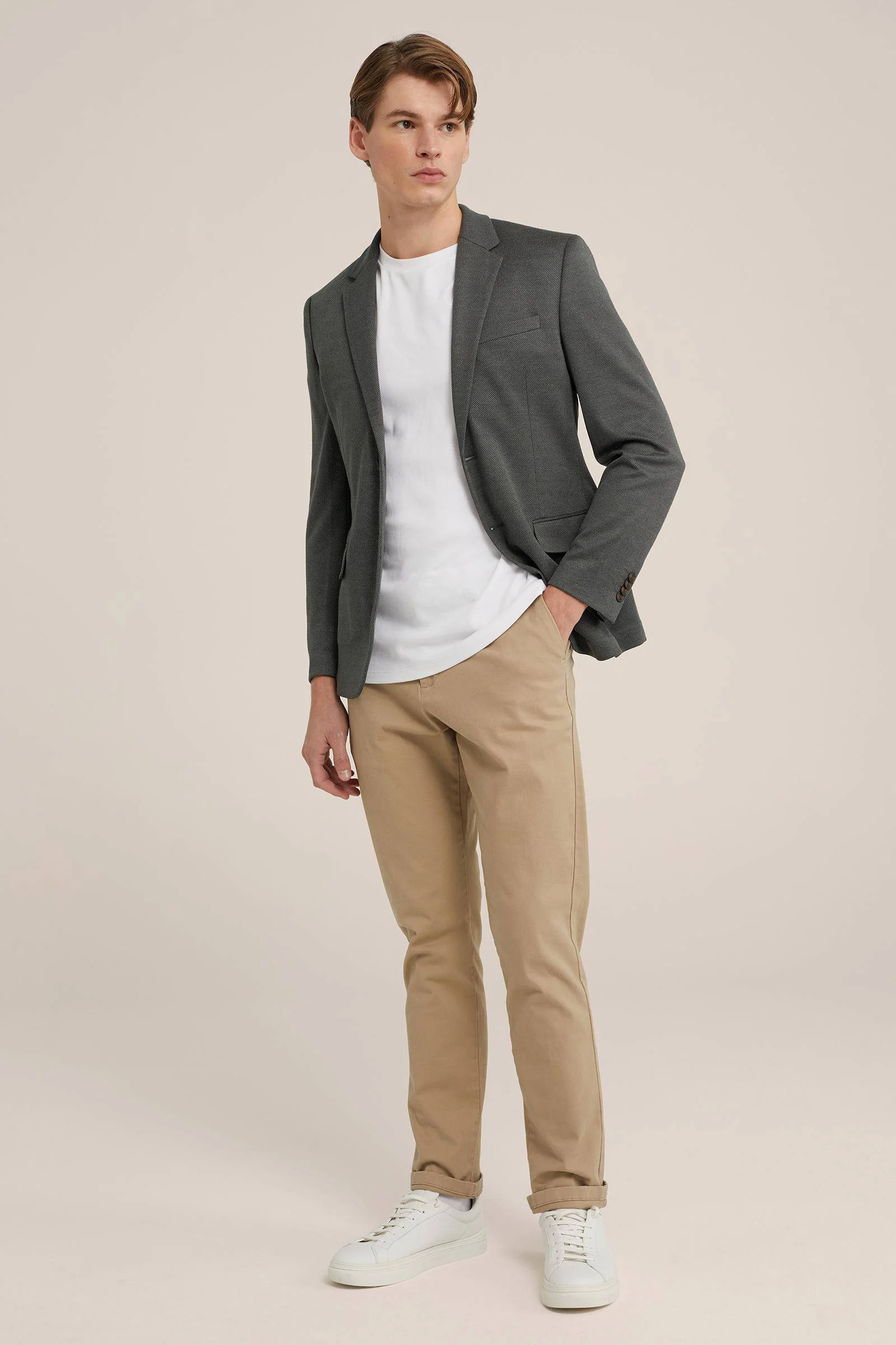 WE Fashion slim fit colbert met all over print grijs