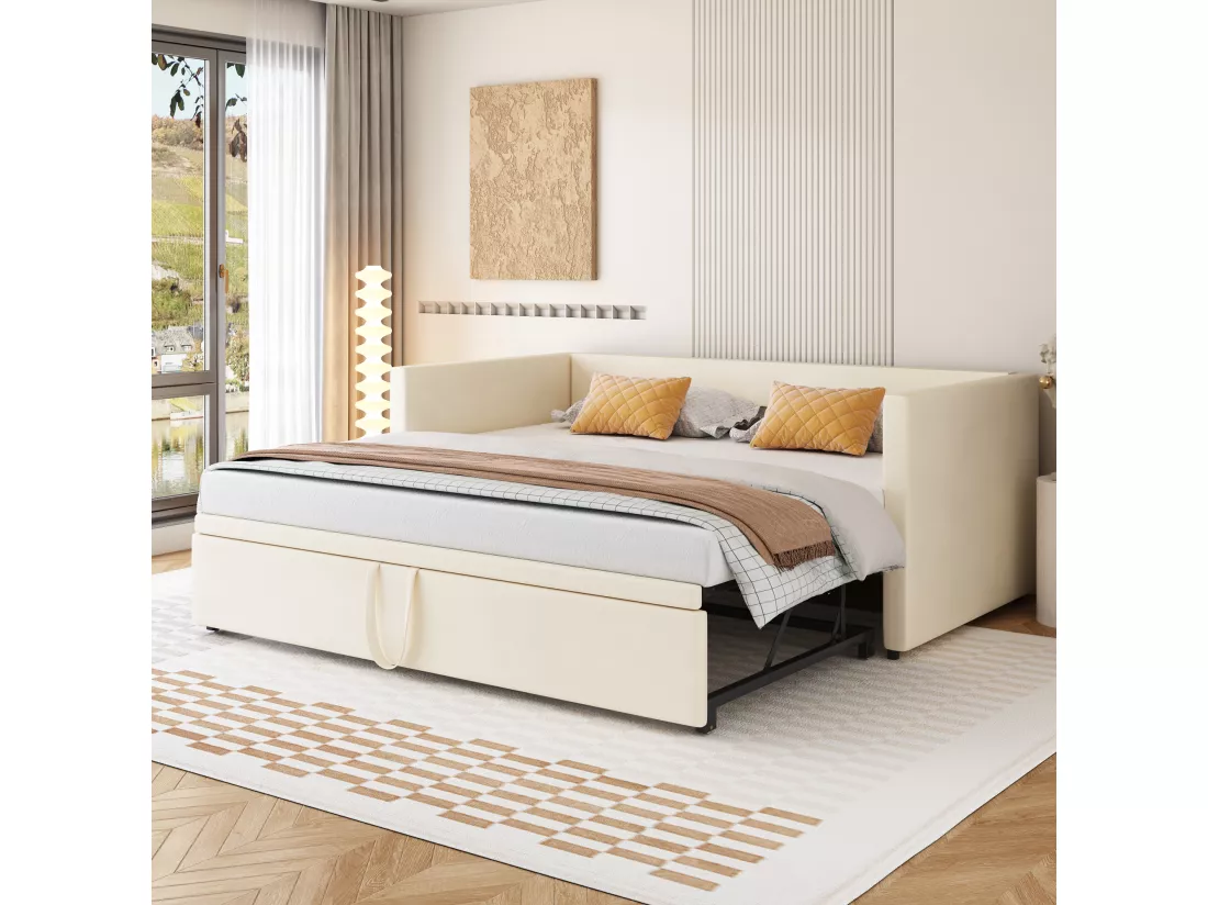 Lit gigogne 90/180x200 cm - lit capitonné Canapé - lit extensible avec sommiers à lattes - lit multifonctionnel en tissu velours agréable à la peau - Beige