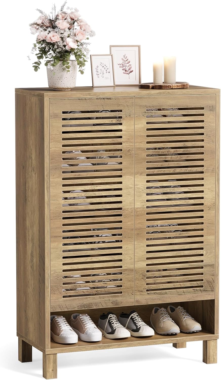 Tribesigns 6-stöckiger Schuhschrank mit 2 Shutter Türen, 73x35x109cm, 24 Paar Bauernhaus-Schuhschrank mit verstellbaren Regalen,Schuhaufbewahrung aus Holz für Eingangsbereich, Wohnzimmer, helle Eiche