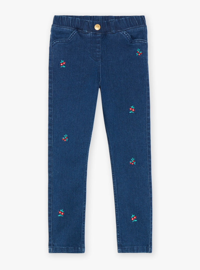Jean bleu foncé à broderies fleuries