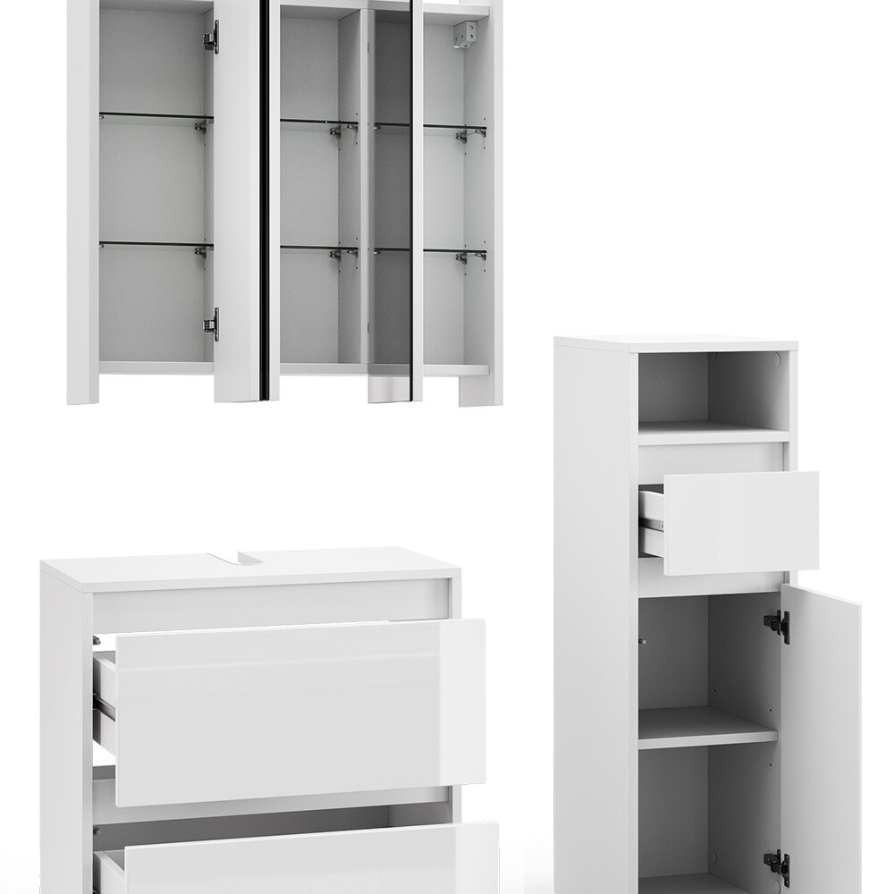 Vicco Badmöbel-Set Badezimmer-Möbel Bad-Schrank Majest Weiß Hochglanz modern Badezimmerschrank Waschbeckenunterschrank Spiegelschrank Midischrank Schranktür Schrankfach Schrankschublade
