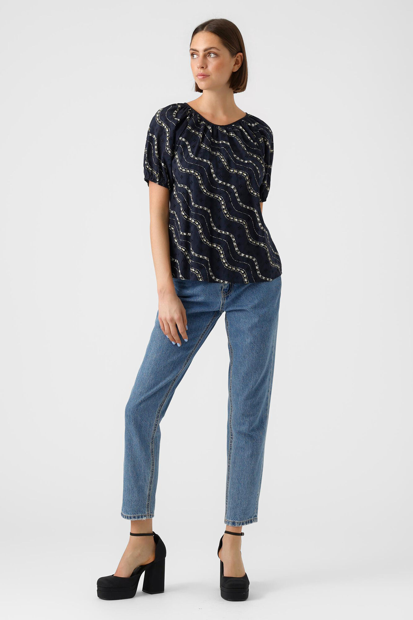 Blusa de algodão com mangas bufantes - Azul marinho