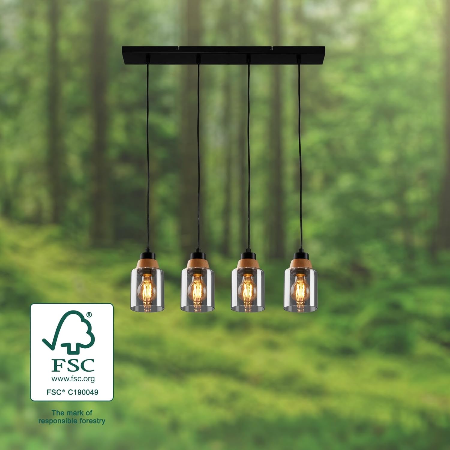 BRILONER – 4-flammige Pendelleuchte, Rauchglas, Deckenlampe, Deckenleuchte, Lampe, Wohnzimmerlampe, Lampenschirm aus Rauchglas, Hängelampe, Kronleuchter, Schlafzimmerlampe, Schwarz-Holz