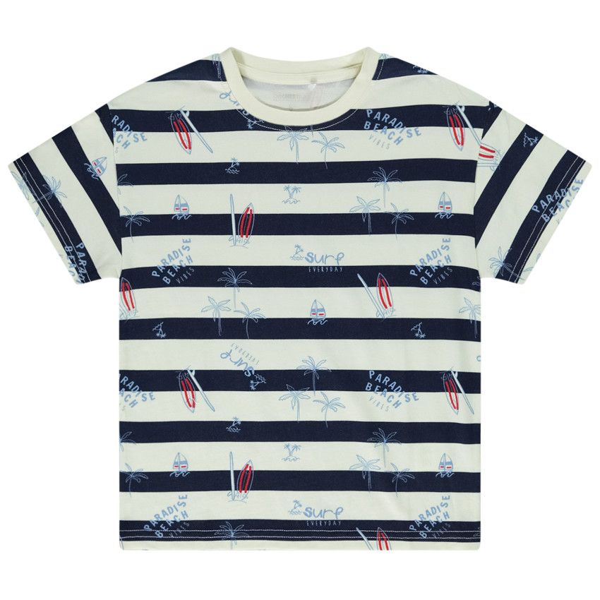 T-shirt manches courtes rayé avec imprimé fantaisie pour garçon - Ecru