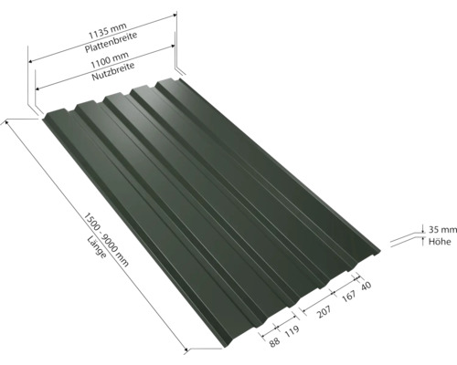 PRECIT trapeziumvormig wandpaneel W35LA, dennengroen RAL 6020, vaste breedte 1070 mm x dikte 0,5 mm (verkocht per meter van 150 tot max. 900 cm)
