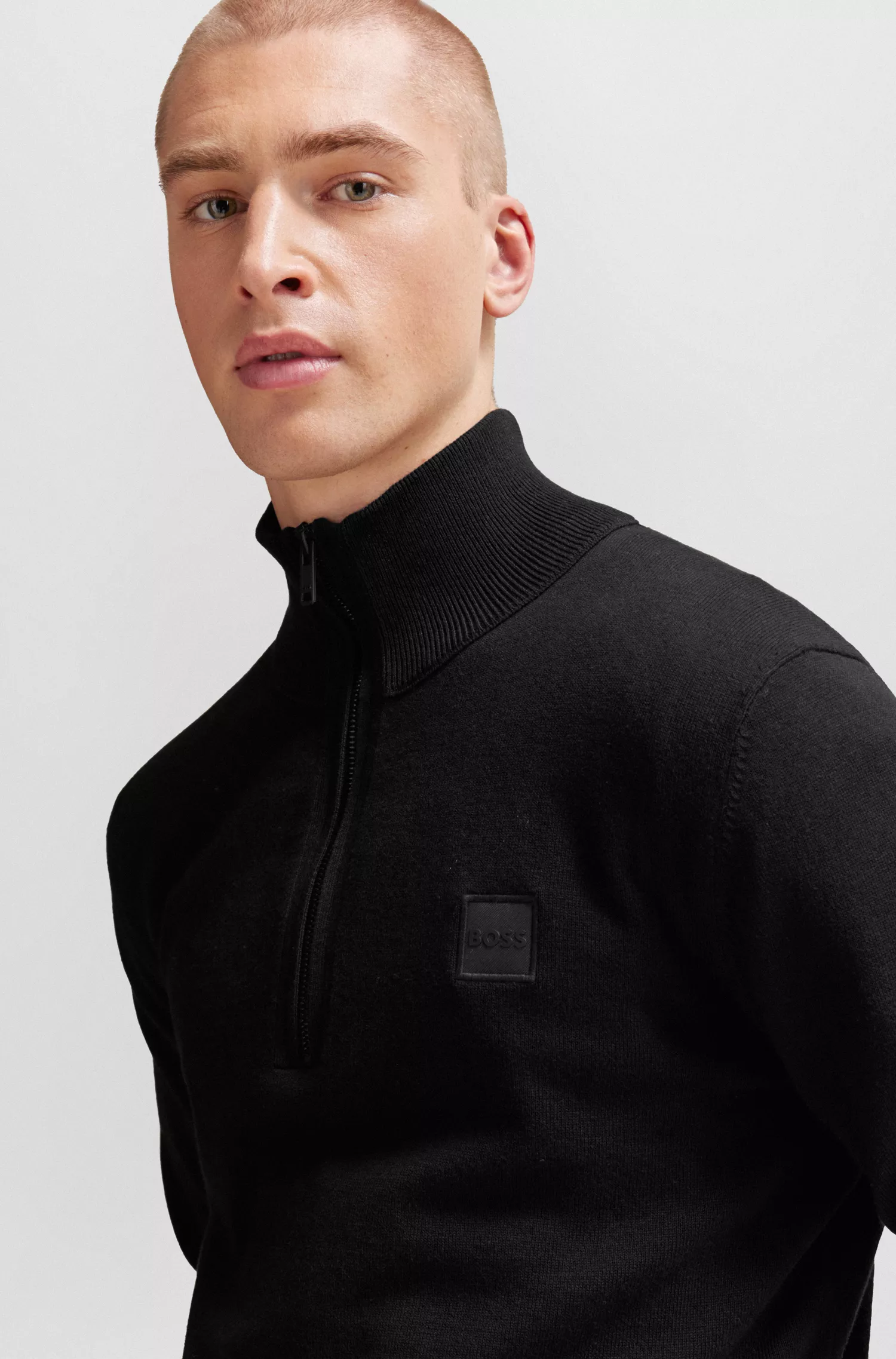 Suéter de malha BOSS laranja com zíper no pescoço, em algodão e cashmere.