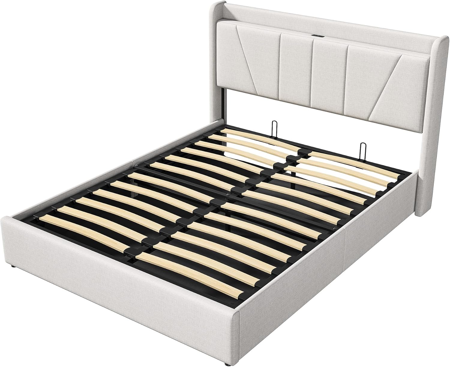 Polsterbett 160x200 mit Stauraum, Hydraulisch Stauraumbett, Doppelbett mit USB und kopfteil, Bettgestell mit Lattenrost, Bettrahmen für Erwachsene, Leinen (Beige, 160 x 200 cm)