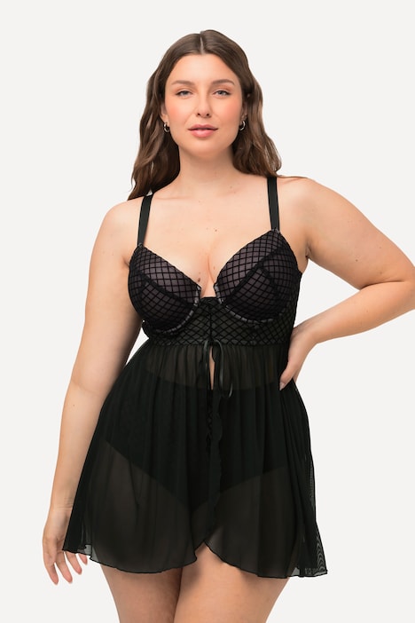 Babydoll, Samt-Karo, Mesh, Bügel-BH, Cup C - D