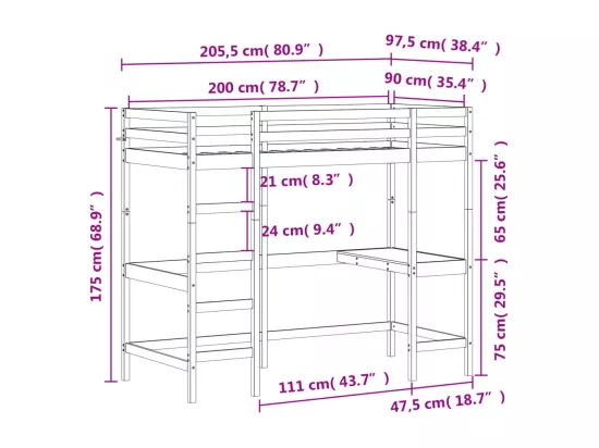 Lit superposé avec bureau cire marron 90x200 cm bois pin massif