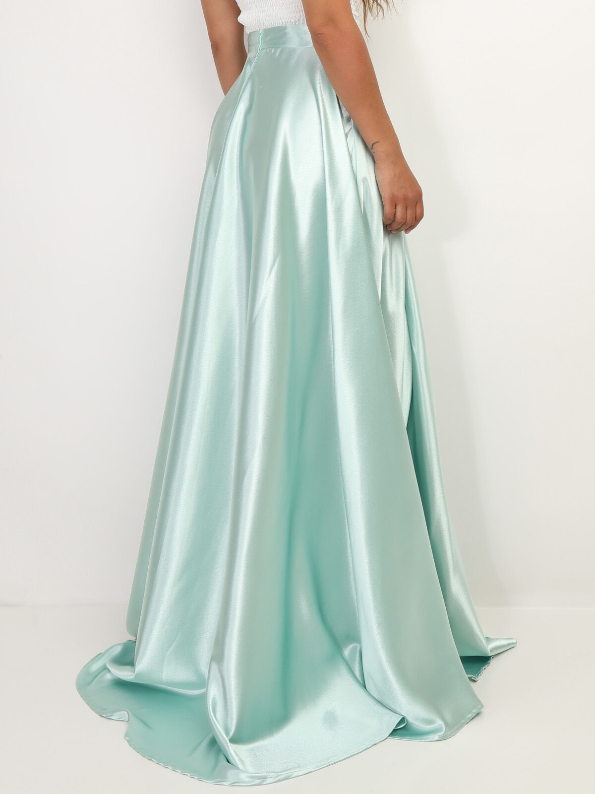 Jupe longue taille haute effet satiné- Vert clair