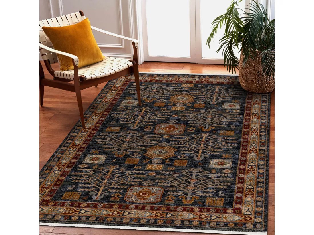 Tapis KESHAN franges Cadre oriental 6174/53511 bleu foncé / bordeaux 120x145 cm
