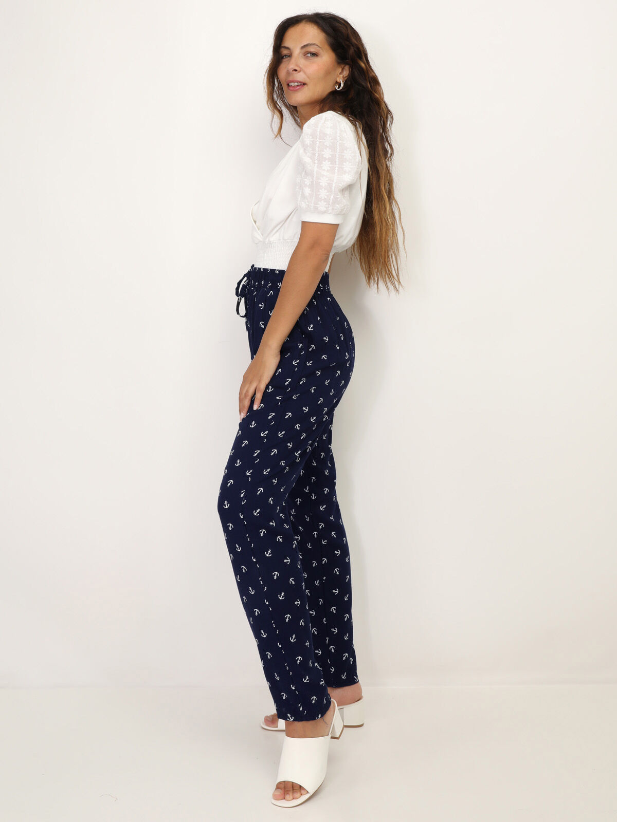 Pantalon léger à motifs ancres- Bleu marine