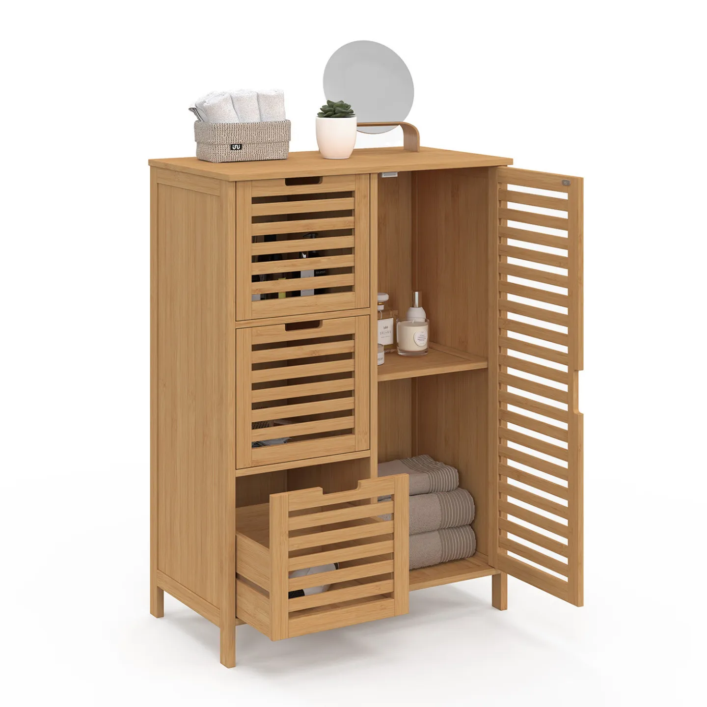 Meuble de rangement salle de bain bambou BEA 3 tiroirs avec placard