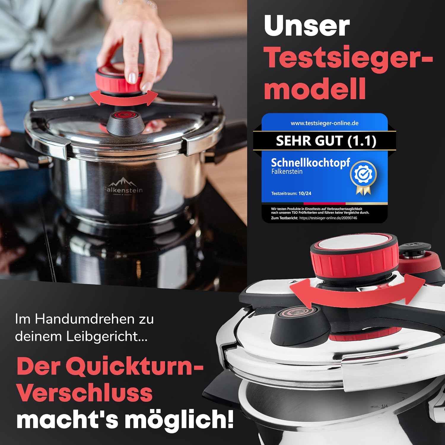 Schnellkochtopf 4l [  ], geeignet für alle Herdarten > Pressure Cooker mit Kochzeitsignal | Dampfkochtopf mit 2 Kochstufen