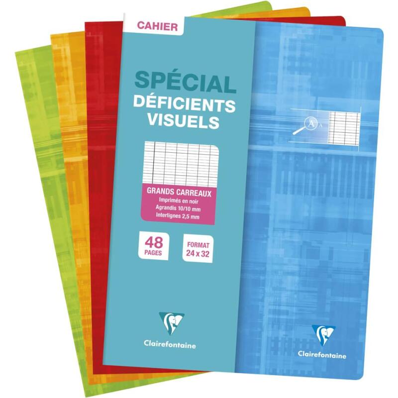 Cahier piqué déficients visuels 24x32cm 48 pages grands carreaux noirs 2 ,5mm agrandis 10x10 Couleur aléatoire - Assortis