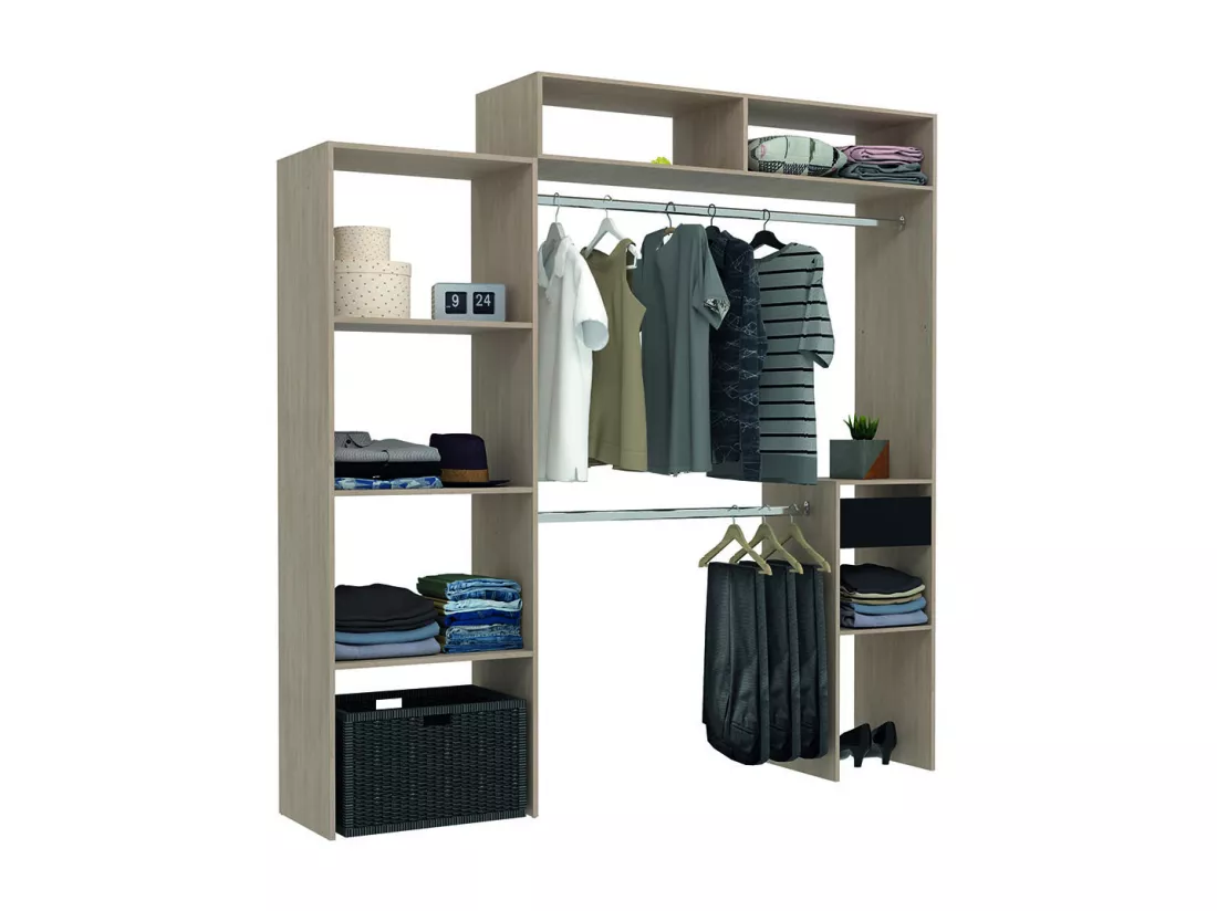 Dressing bois extensible avec penderie, étagères, tiroirs ELYSEE