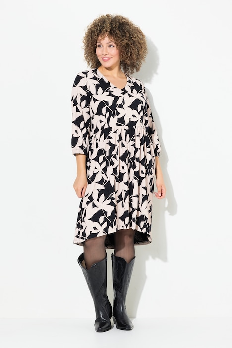 Jerseykleid, Blätter, A-Linie, V-Ausschnitt, 3/4-Arm