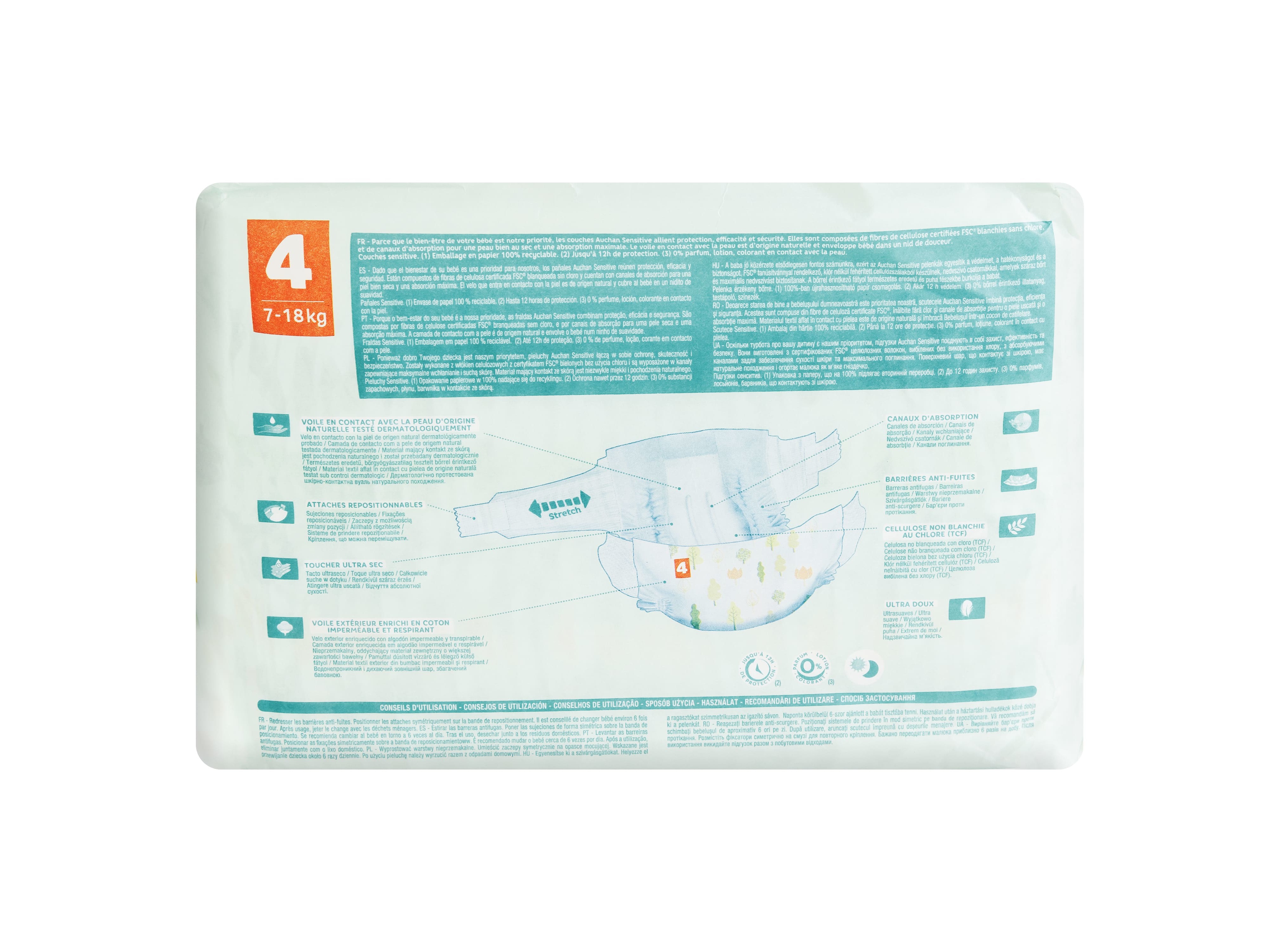 FRALDAS AUCHAN BABY SENSITIVE ECOLÓGICAS TAMANHO 4 7-18KG 32UN