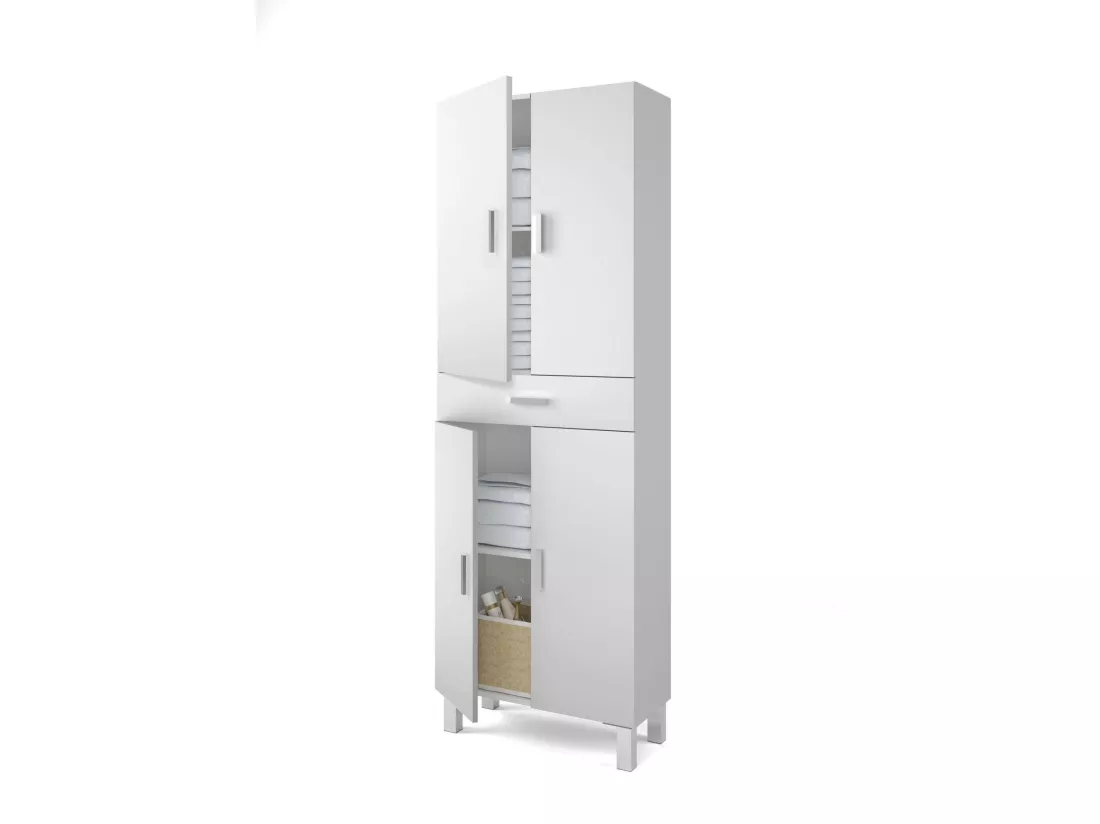 Armoire polyvalente Oxnard, Meuble de salle de bain ou buanderie avec 4 portes et 1 tiroir, Armoire à chaussures polyvalente, 60x29h182 cm, Blanc brillant