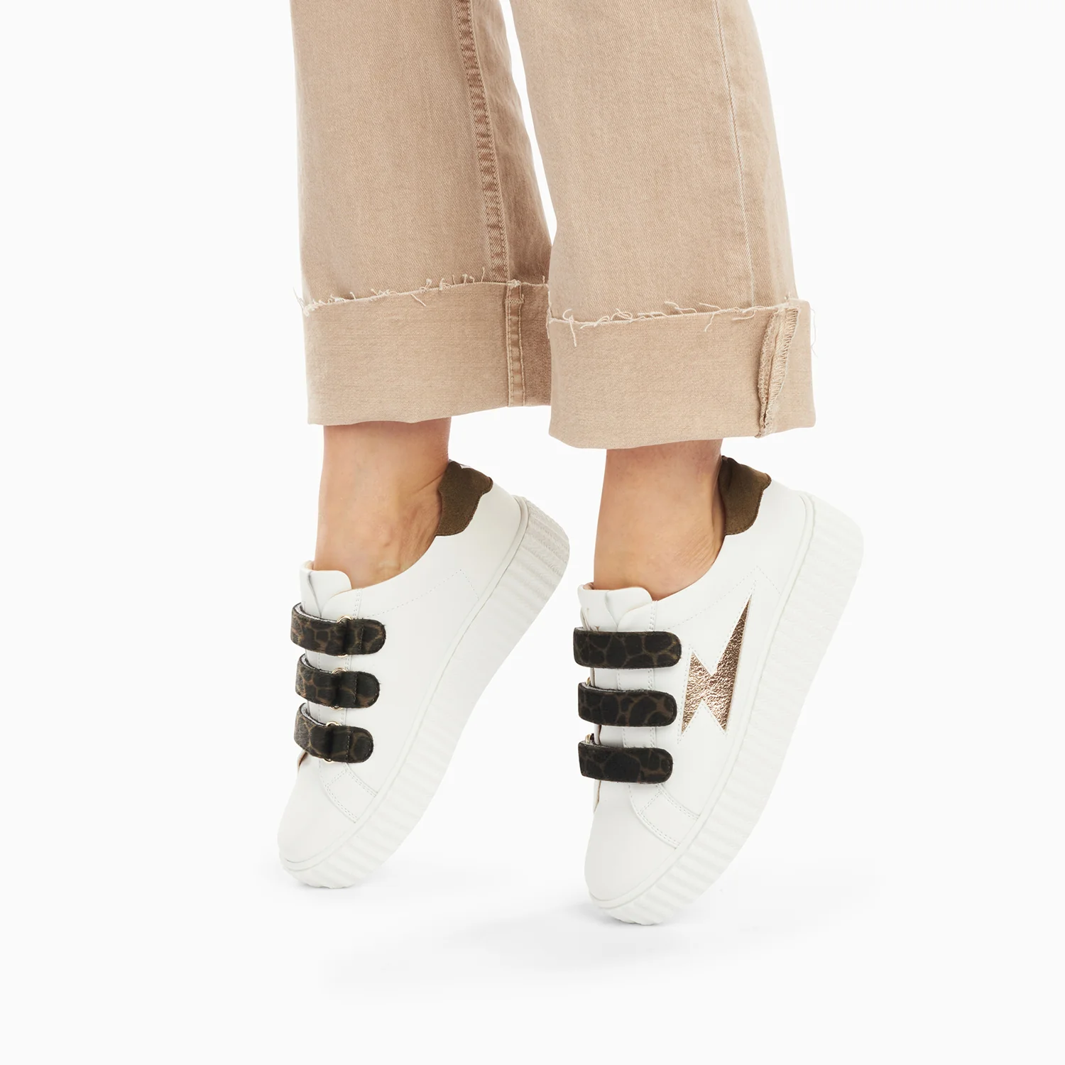 Sneakers-Baskets éclair Thaïs blanc et or à scratchs kaki