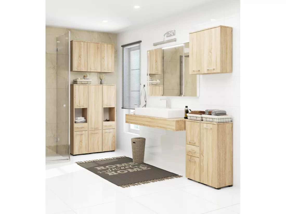 meuble machine a laver 2 portes façade bois chêne sonoma 4 étagères 64x30x180 cm