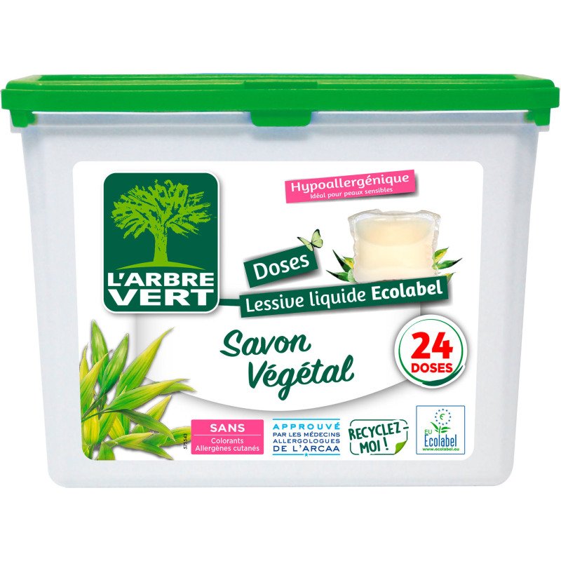 Doses de lessive liquide Ecolabel au savon végétal L'Arbre Vert - Boîte de 24 doses