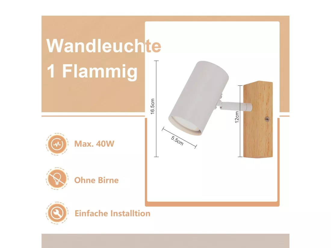 NETTLIFE Spot de Plafond 1 Ampoule Lampe de Couloir Bois Couloir Blanc Plafonnier Métal Moderne GU10 350° pour