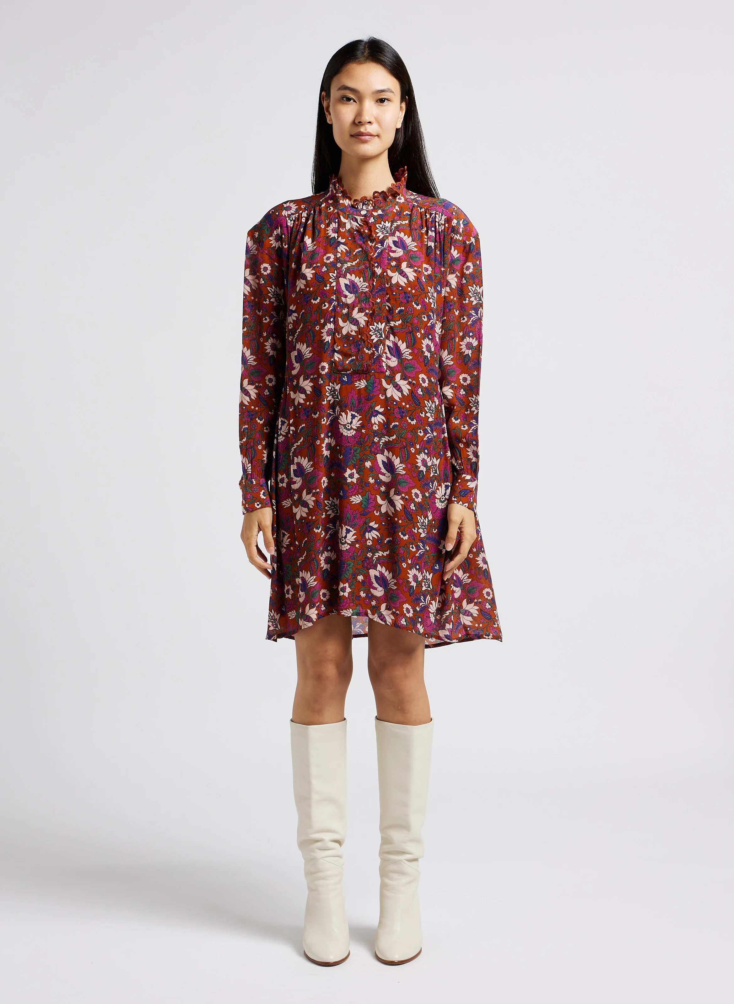 WARA - Robe courte col mao à imprimé floral | Orange