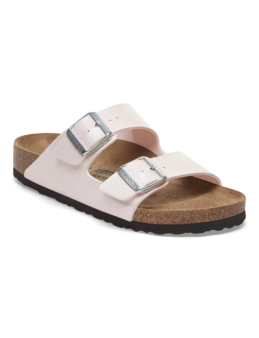 Arizona Bs Birko-Flor Embossed Saffiano Iridescent Pink Narrow Sandals