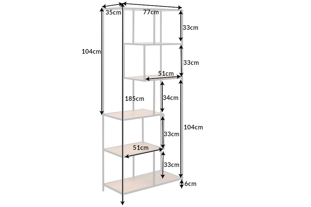 Industrial Bücherregal SLIM LINE 185cm Wildeiche schwarz sechs Regalböden