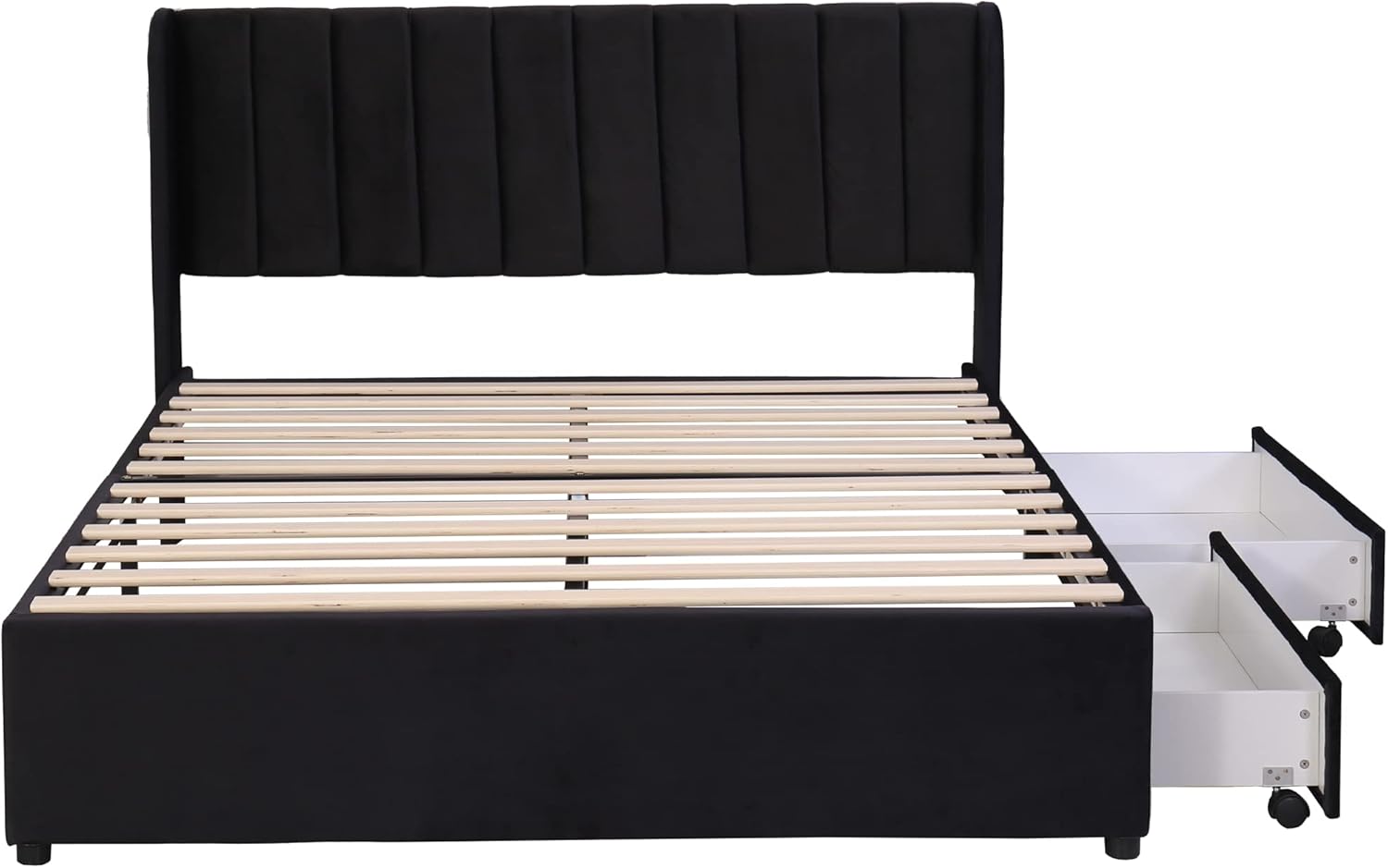 Polsterbett Doppelbett 140x200 cm, Bett mit 2 Stauraum Schubladen und Lattenrost aus Holz, Stauraumbett Bettgestell mit Metallrahmen, Samt, Schwarz (Ohne Matratze)