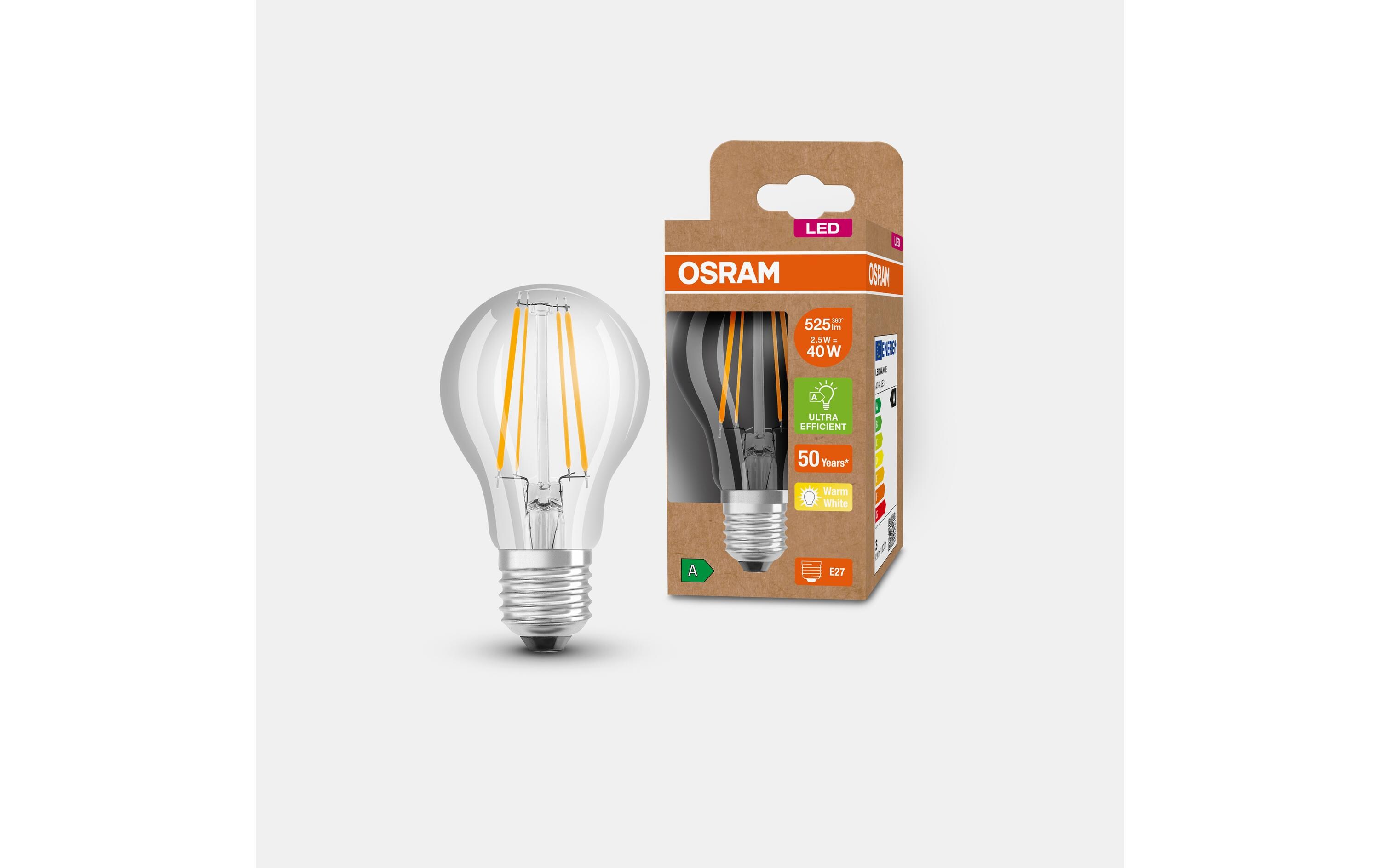 Lampe Clas A 40 CL, 2.5W, E27, Fil, WarmweissLED-Lampen, klassische Kolbenform