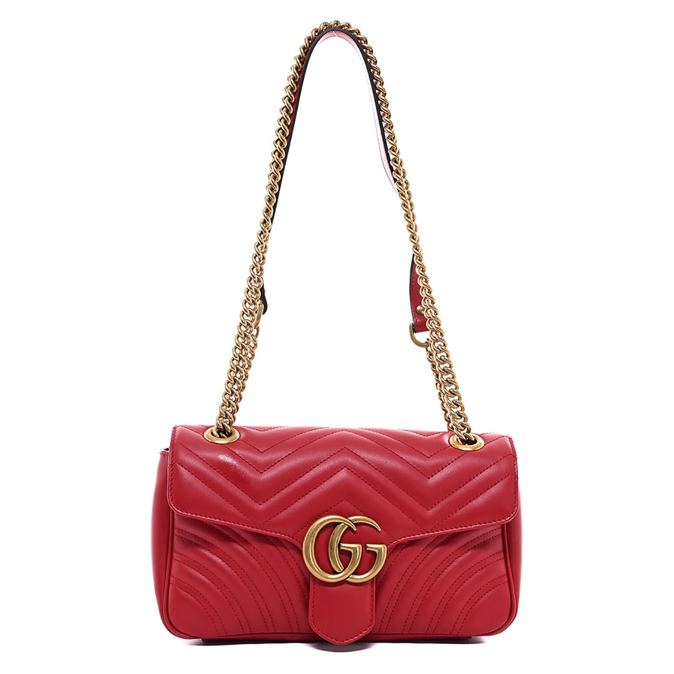 Gucci Sac bandoulière Marmont en Cuir Chevron matelassé hibiscus rouge - Bon état - L.25 cm
