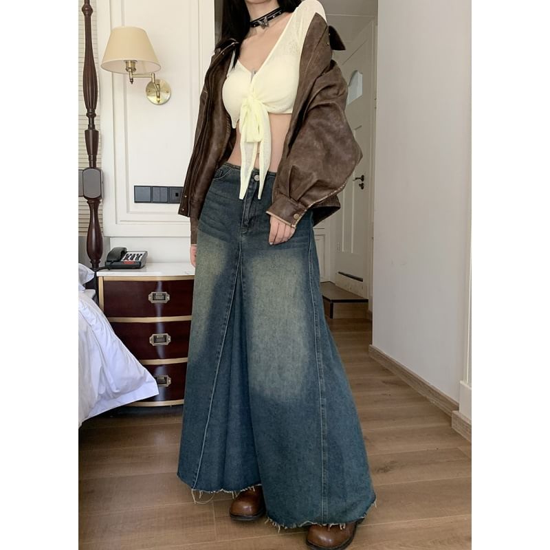 Faiar - Mid-rise gewassen, gerafeld maxi-A-lijn denimrok