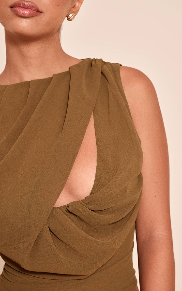 Vert Olive Haut Col Montant Dos Nu En Mousseline Imprimé Abstrait